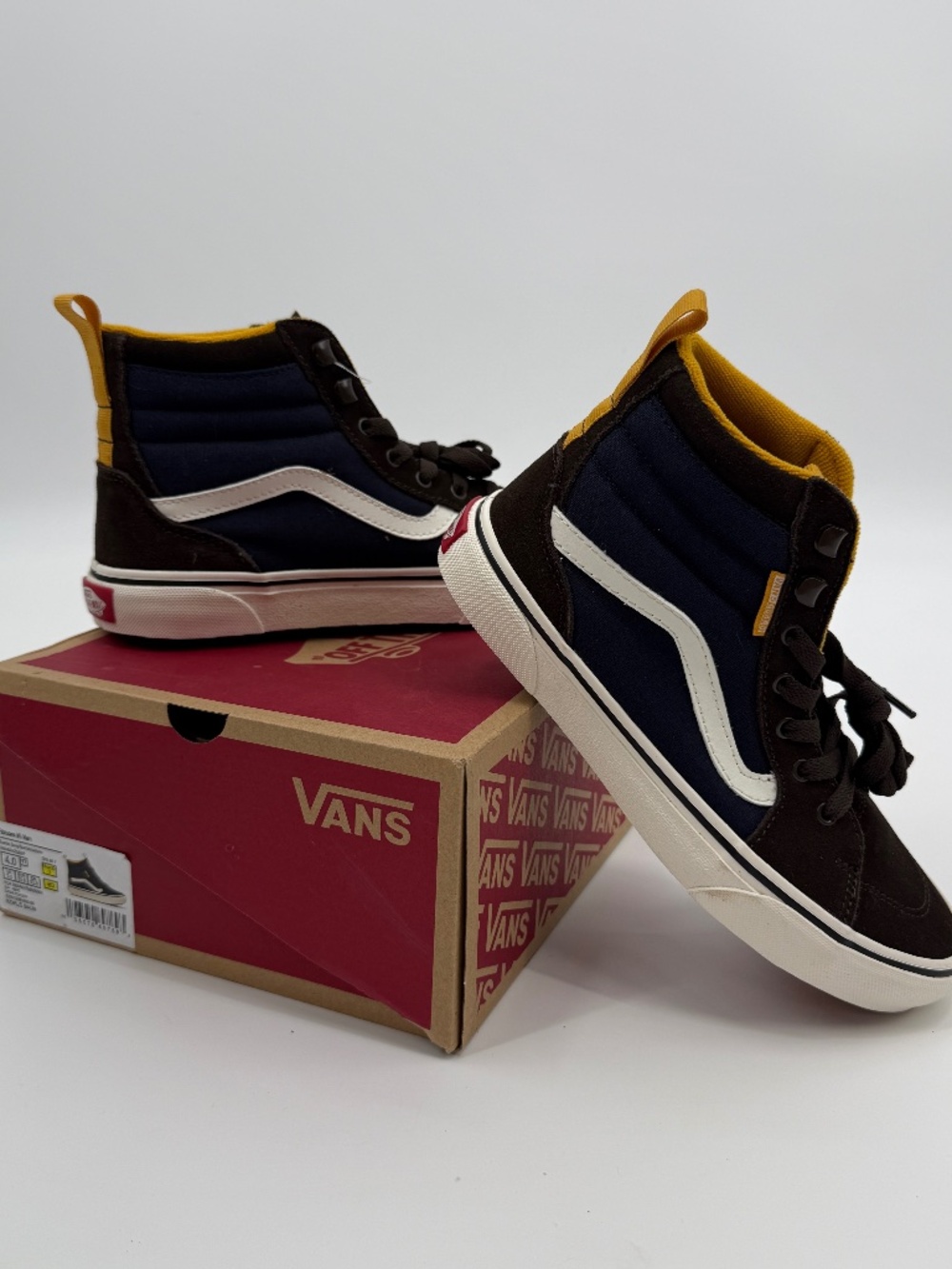 Vans Sk8-Hi MTE Guard Brown Navy Yellow High Top Sneakers Youth 4.0 Women 5.5